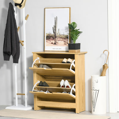 HOMCOM Narrow Shoe Cabinet, Space Saving Shoe Storage Cabinet with 2 Flip Drawers and Adjustable Shelves for 12 Pairs of Shoes for Hallways and Living Room, Natural Wood Finish 