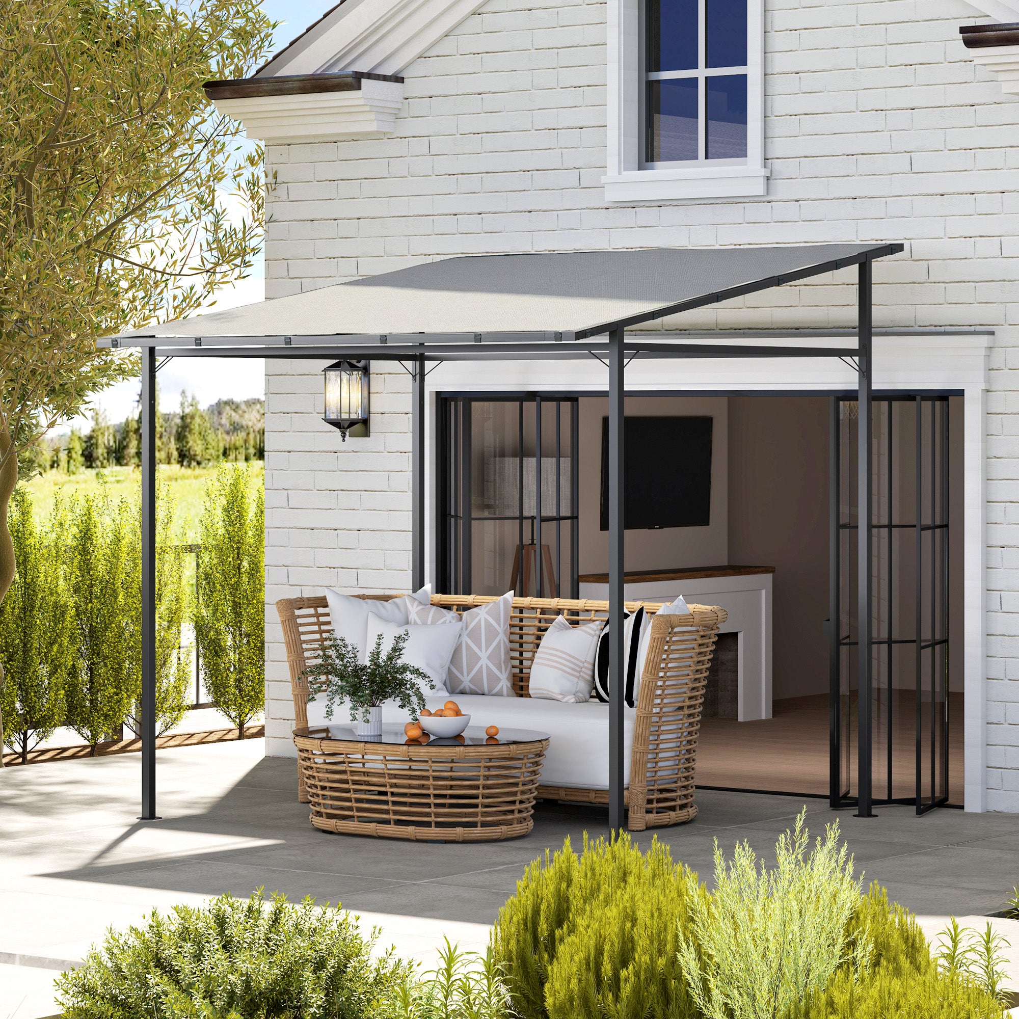 Outsunny 2.4 x 2.4 m Wall Mounted Pergola Gazebo with PA Coating Fabric, Metal Frame, UPF30+, Lean to Garden Gazebo, Light Grey 