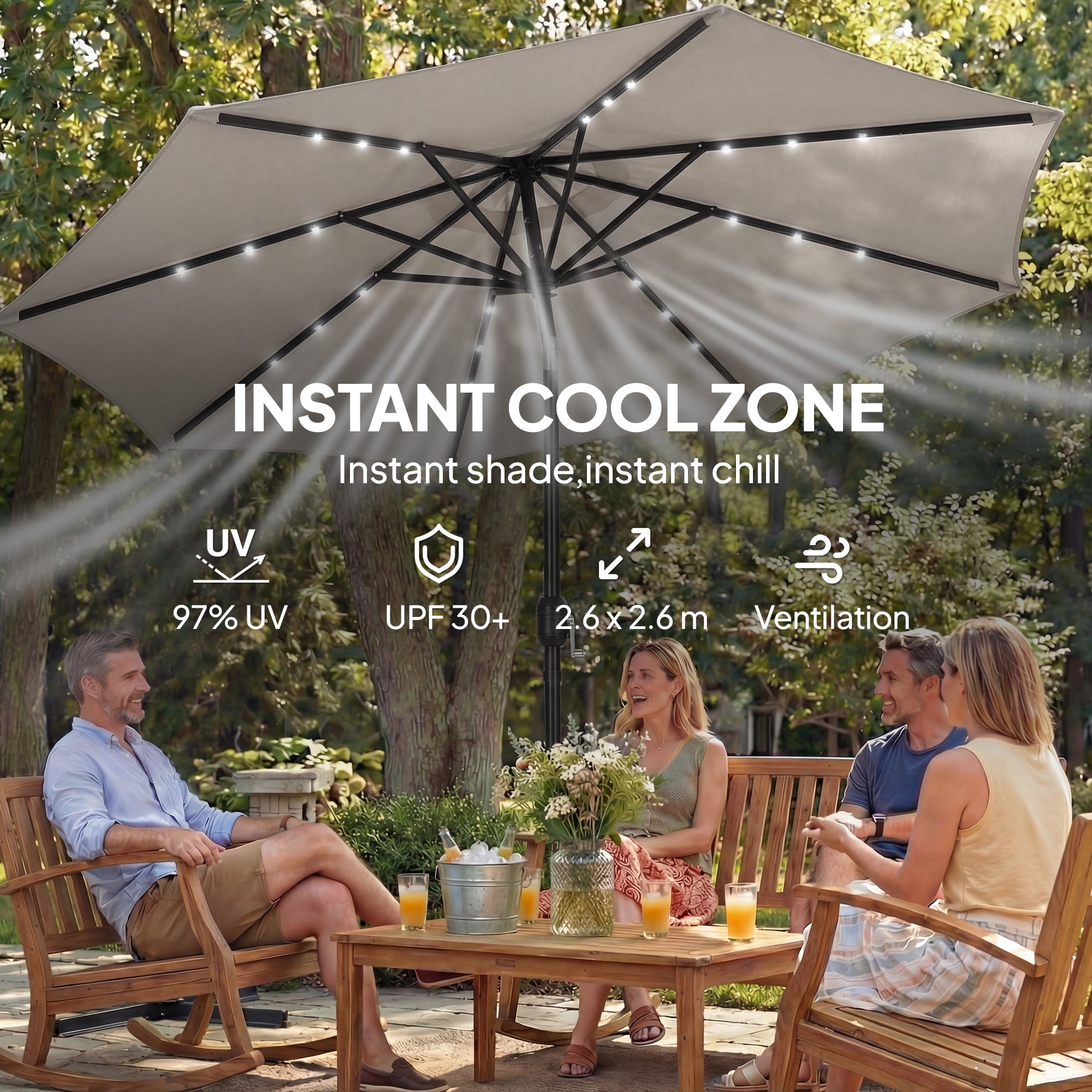 Outsunny 2.6 m Garden Parasol Umbrella with LED Solar Light, Parasol Cover, Outdoor Market Patio Umbrella, Light Grey 