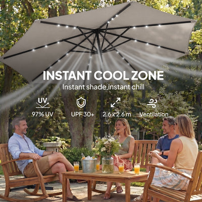 Outsunny 2.6 m Garden Parasol Umbrella with LED Solar Light, Parasol Cover, Outdoor Market Patio Umbrella, Light Grey 