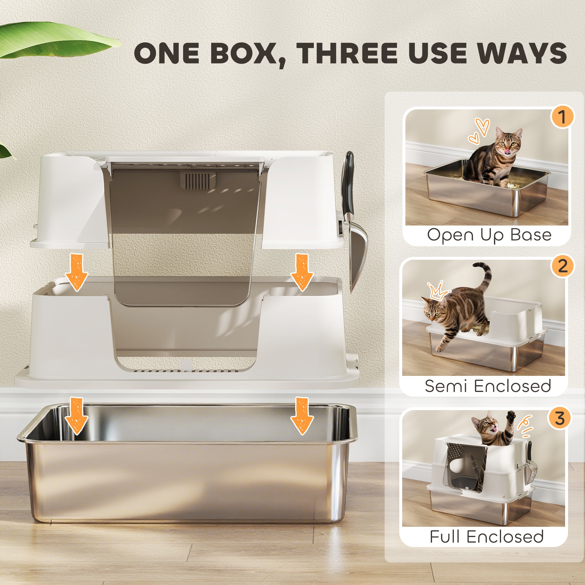 PawHut XL Stainless Steel Litter Box w/ 100° Flip Top, Scoop, Side Top Dual Entry, Odor Free, Easy Cleaning, Anti Leakage 