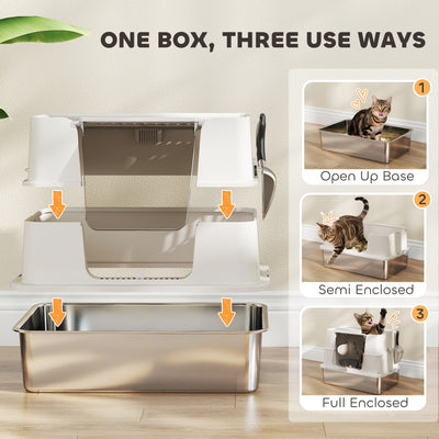 PawHut XL Stainless Steel Litter Box w/ 100° Flip Top, Scoop, Side Top Dual Entry, Odor Free, Easy Cleaning, Anti Leakage 