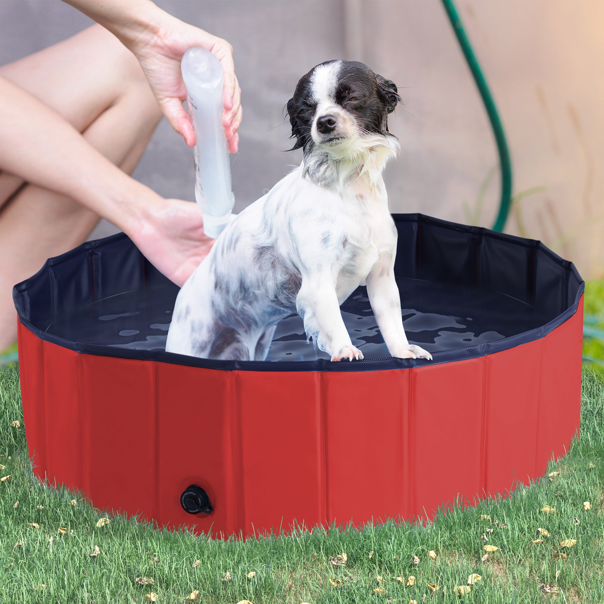 PawHut Foldable Dog Paddling Pool Pet Cat Swimming Pool Indoor/ Outdoor Collapsible Summer Bathing Tub Shower Tub Puppy Washer, Φ 100 x 30H cm, Red 