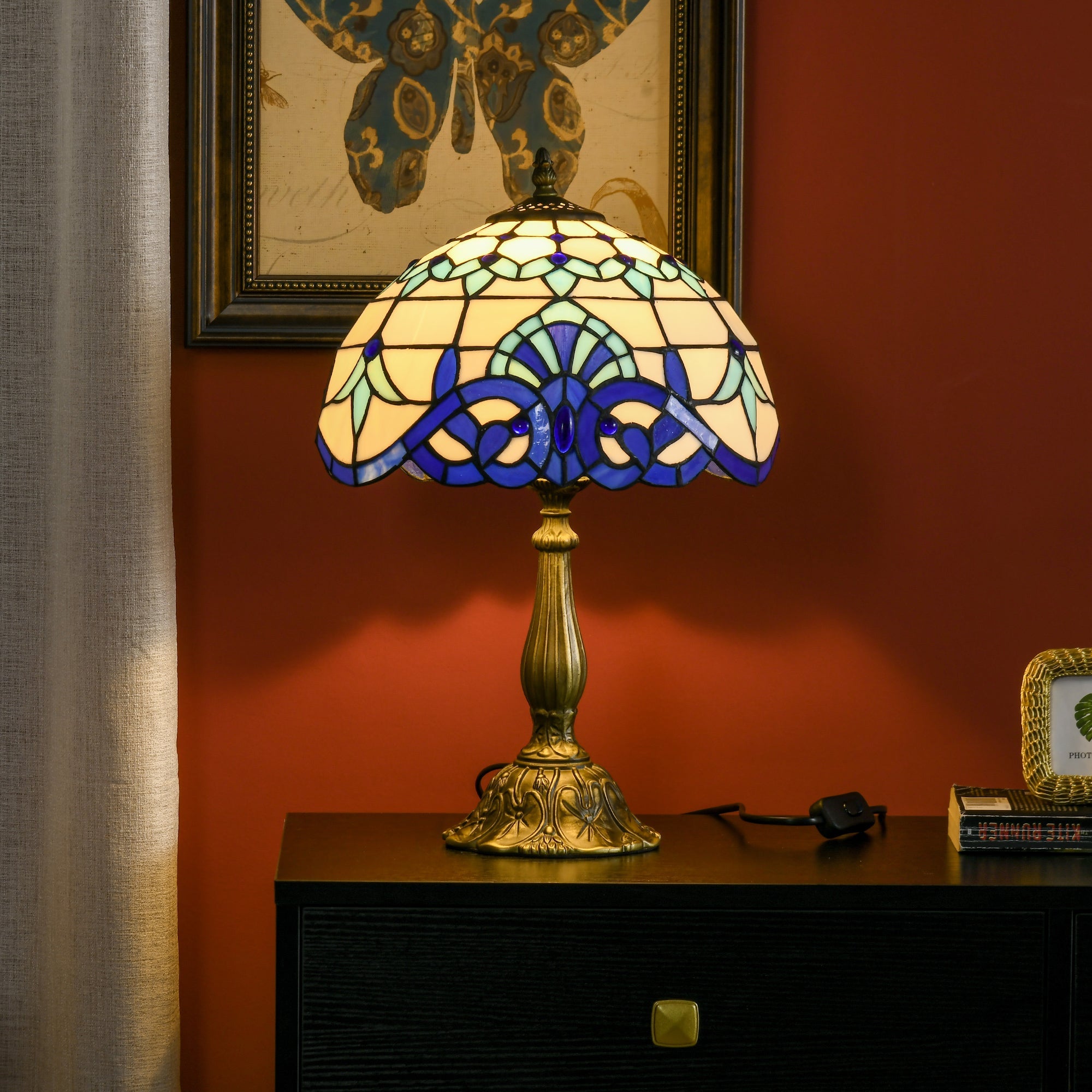 HOMCOM Stained Glass Table Lamp, Handmade Antique Bedside Lamp for Bedroom, Living room, Home, Nightstand, Decorative Night Light, Blue 