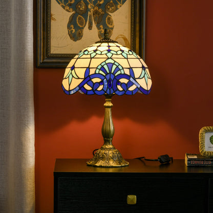 HOMCOM Stained Glass Table Lamp, Handmade Antique Bedside Lamp for Bedroom, Living room, Home, Nightstand, Decorative Night Light, Blue 