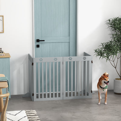 PawHut Wooden Pet Gate Foldable Freestanding Dog Safety Barrier w/ Support Feet, Grey 
