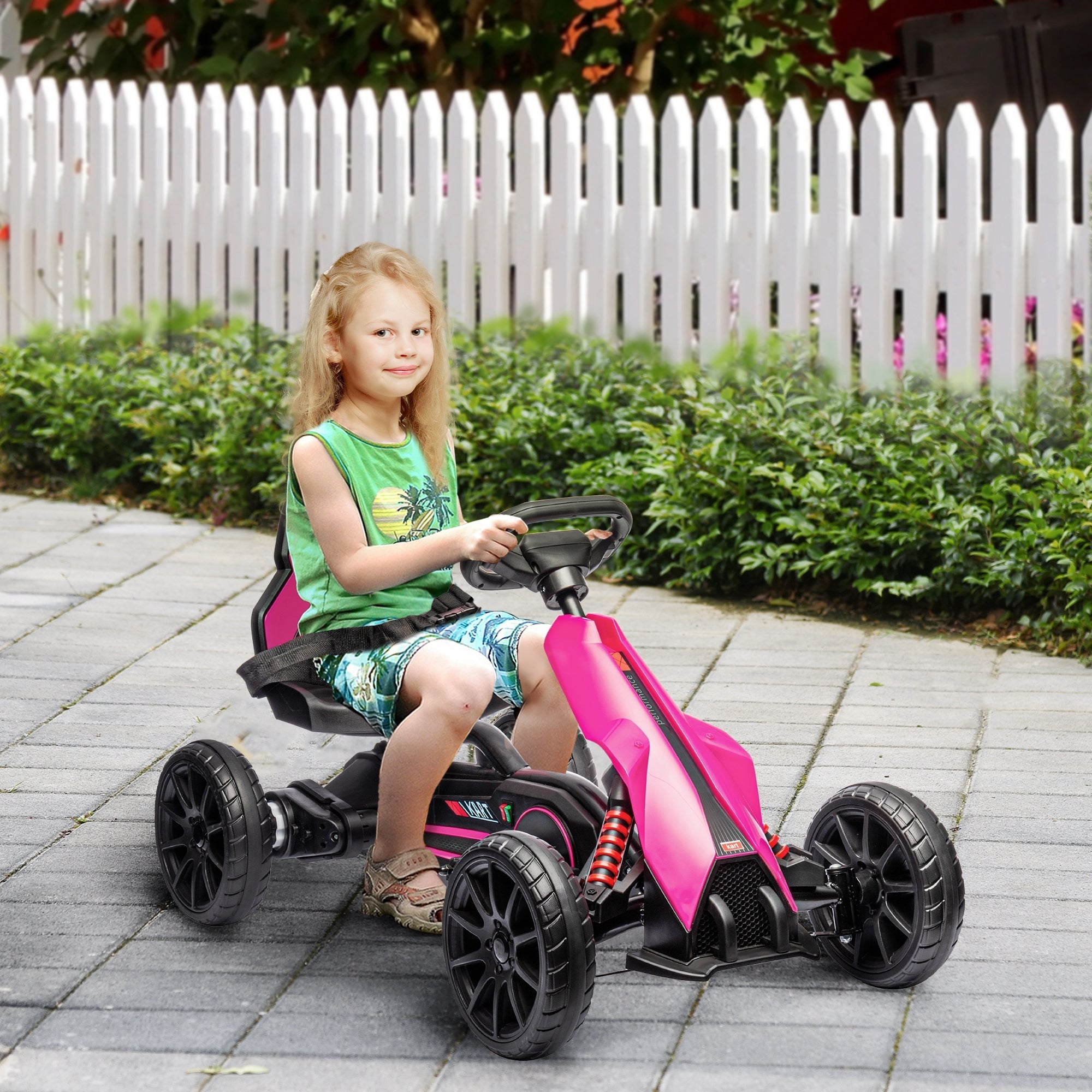 HOMCOM 12V Electric Go Kart for Kids, Ride-On Racing Go Kart with Forward Reversing, Rechargeable Battery, 2 Speeds, for Boys Girls Aged 3-8 Years Old - Pink 