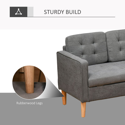 HOMCOM Modern 3 Seater Sofa with Hidden Storage, 169cm Tufted Cotton Couch with Wood Legs, Compact Sofa for Living Room, Grey 