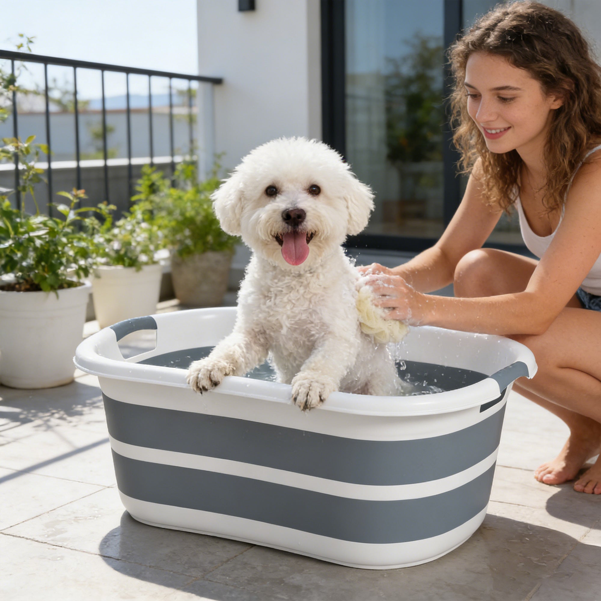 PawHut Dog Bath Tub, Portable Foldable Dog Bathtub with Drainage Hole, for Small Dogs Puppies Grey 