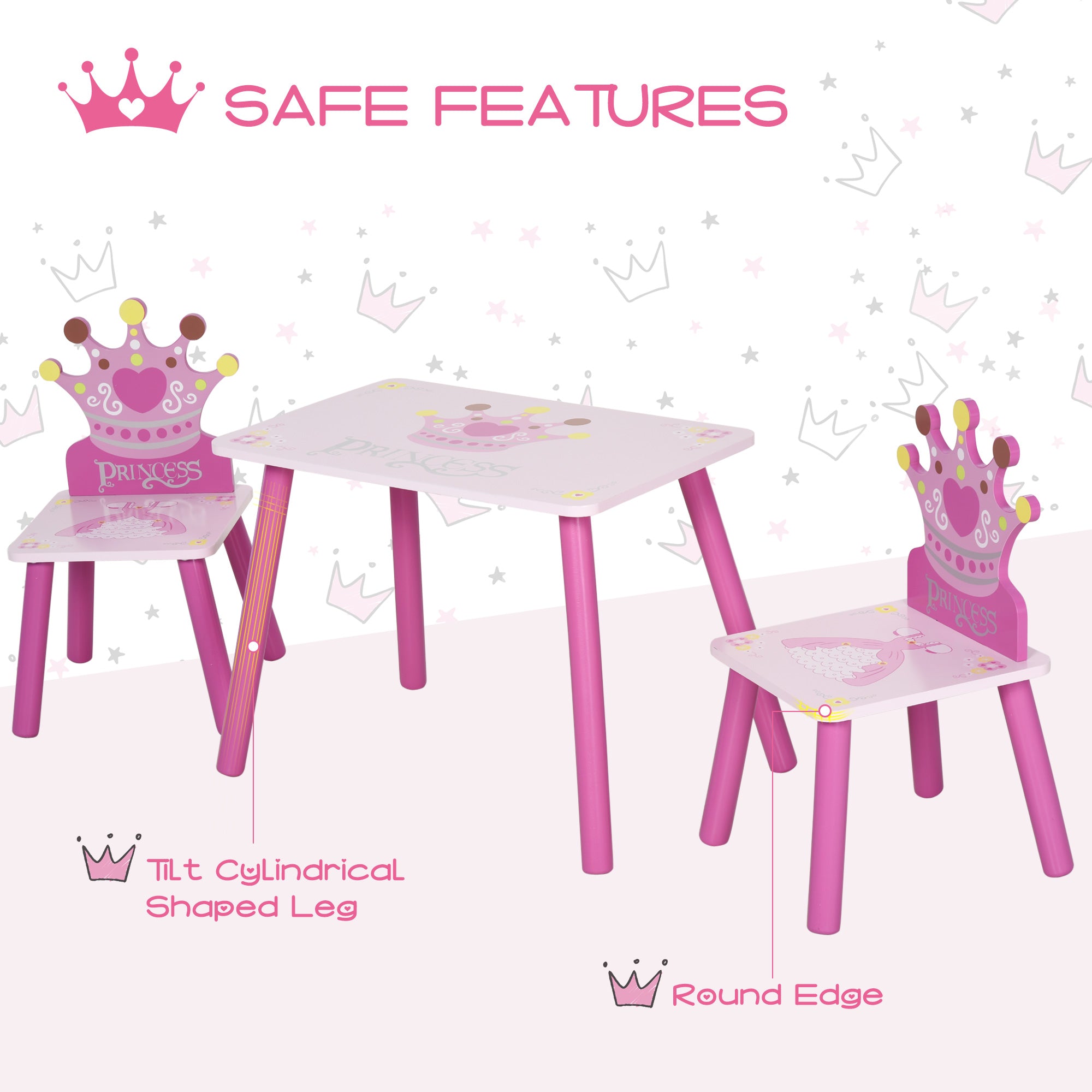 HOMCOM 3 Pcs Kids and Table Chair Set Princess & Crown Theme Home Furniture Pretty Gift 2-4 Years Pink 