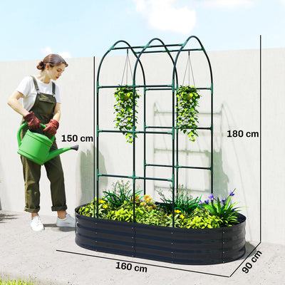 Outsunny Galvanised Raised Garden Bed with Arched Trellis, 5 x 3 x 6ft Metal Raised Bed for Garden with Open Bottom, Dark Grey 