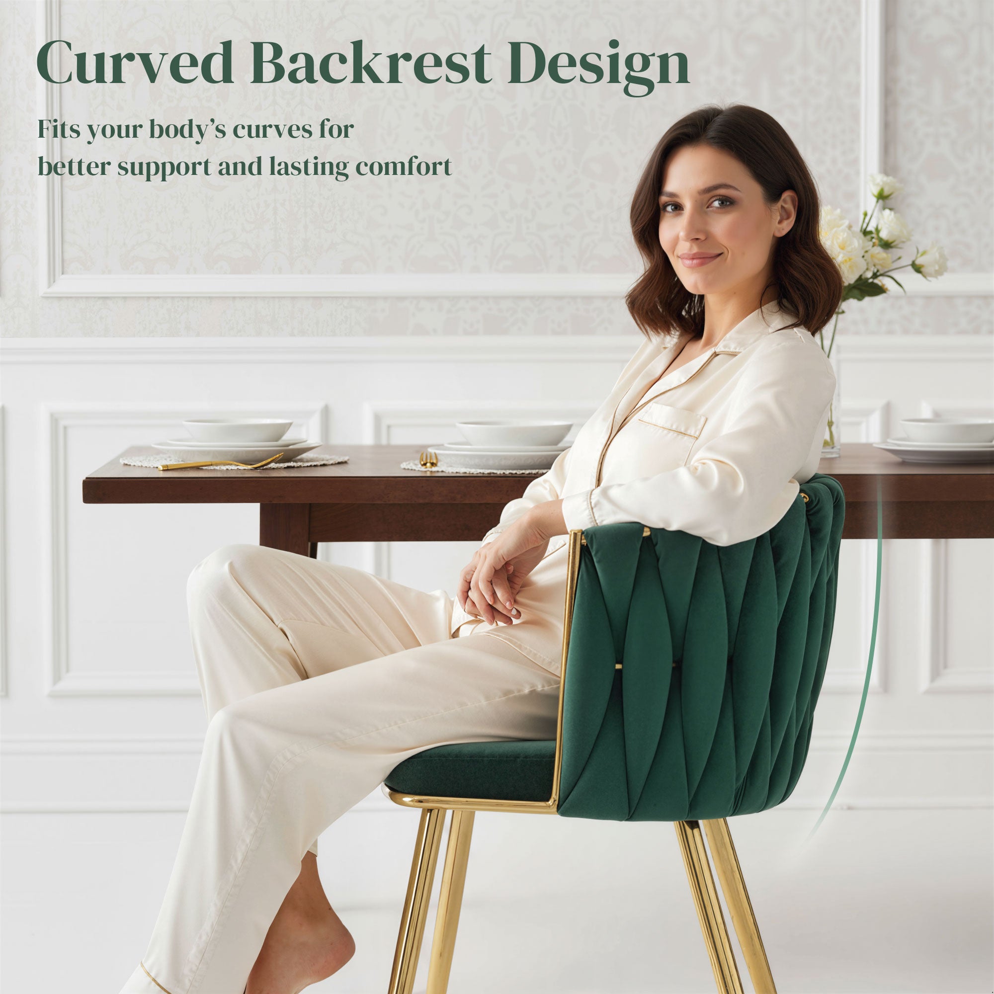 HOMCOM Velvet-Feel Dining Chairs Set of 2, Modern Upholstered Armchair with Knot Design and Golden Metal Legs, Accent Chair for Dining Room, Bedroom, Kitchen, Living Room, Dark Green 