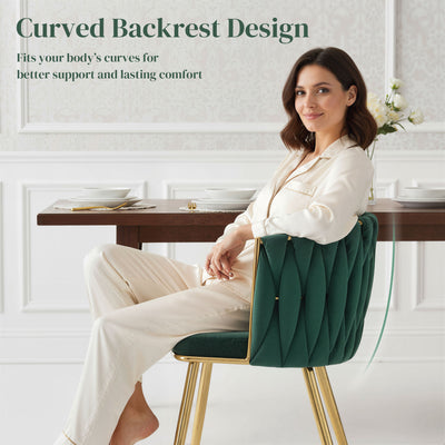 HOMCOM Velvet-Feel Dining Chairs Set of 2, Modern Upholstered Armchair with Knot Design and Golden Metal Legs, Accent Chair for Dining Room, Bedroom, Kitchen, Living Room, Dark Green 