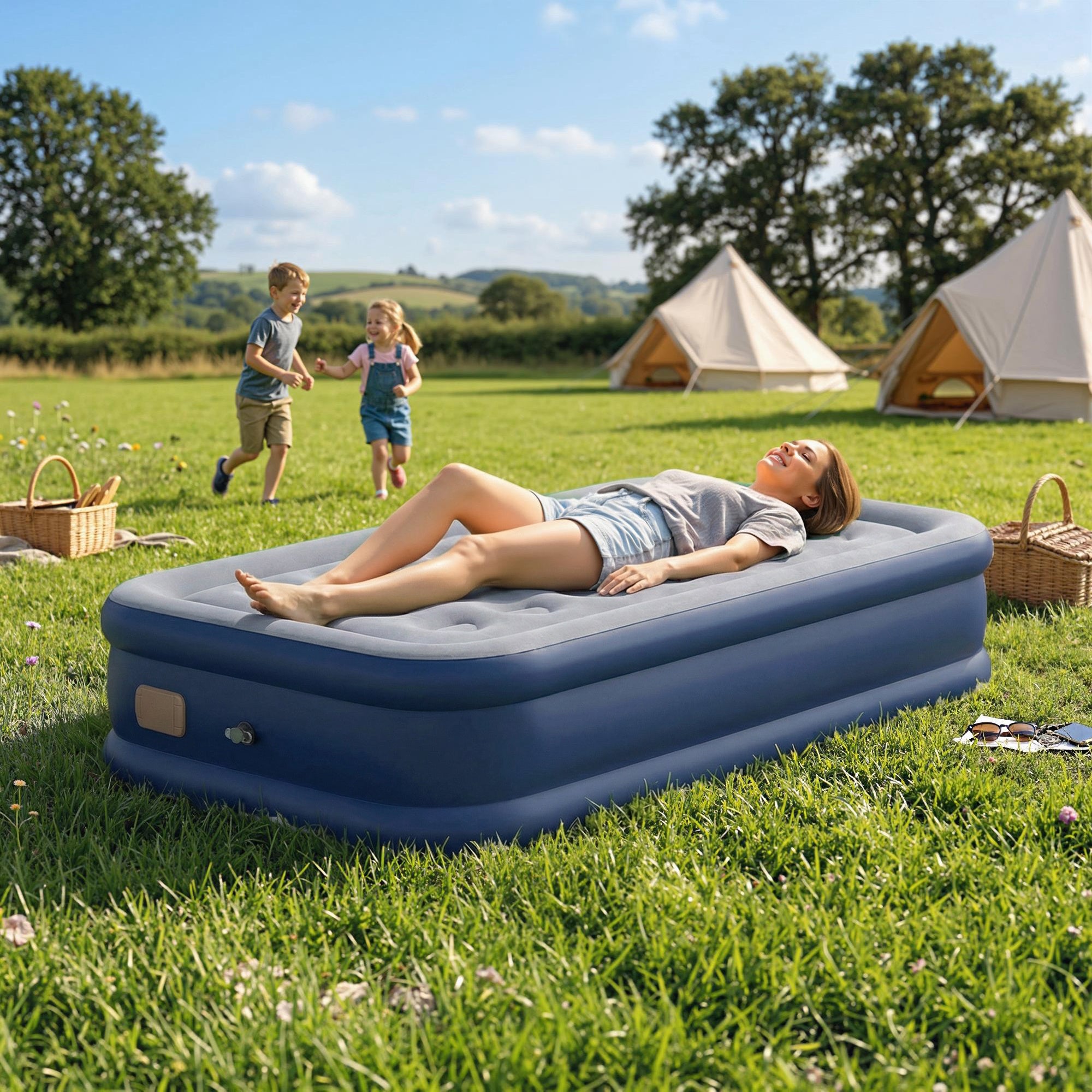 Outsunny Inflatable Mattress, Single Air Bed with Built-in Electric Pump, 3 Mins Inflation, Flocked Surface, Grey 