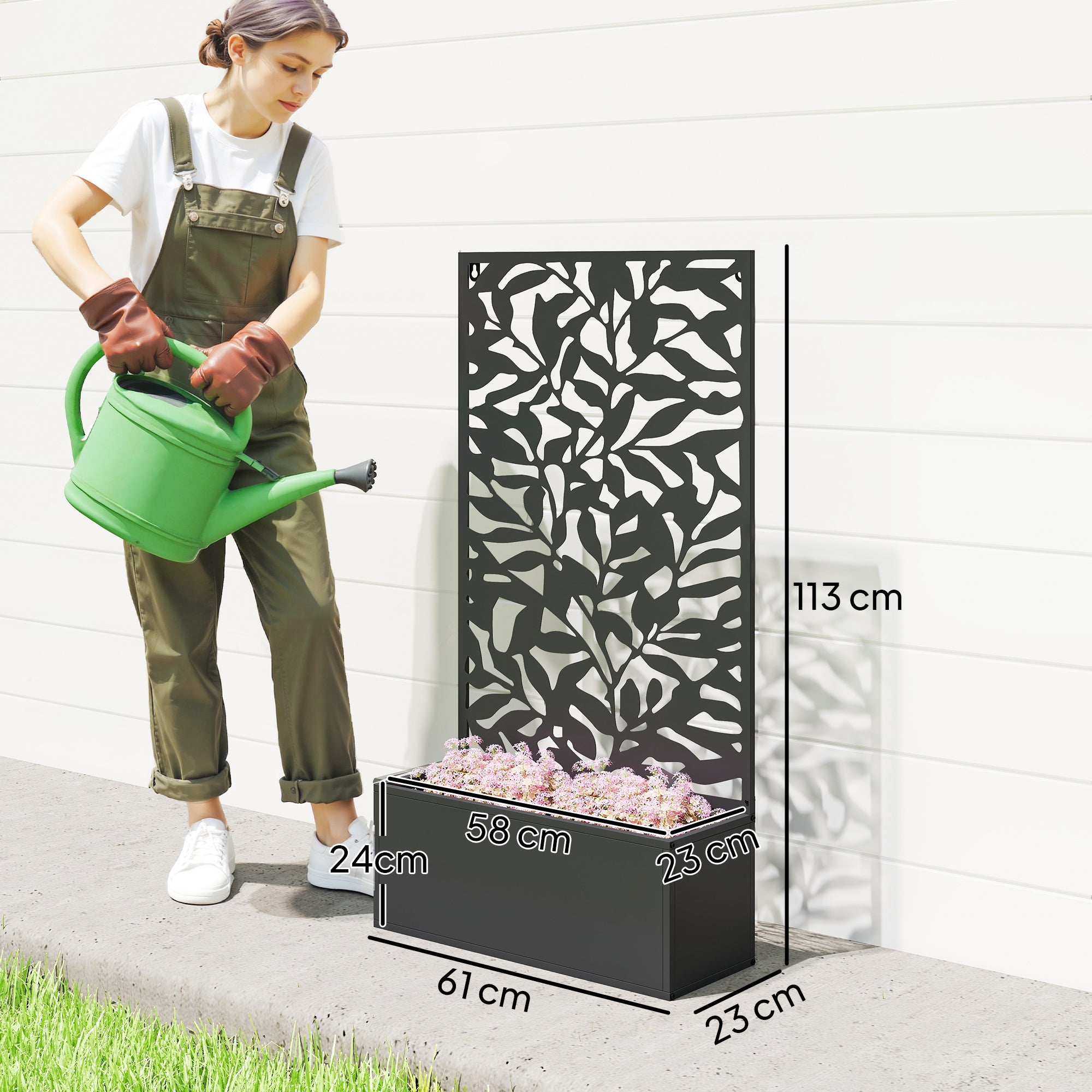Outsunny Metal Garden Bed with Trellis, Wall Mounted or Freestanding Raised Planter with Privacy Panel, Black 