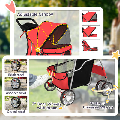 PawHut Dog Pram, Pet Stroller with Reflective Strips, Foldable Cat Stroller with 360° Swivel Wheels, Red
