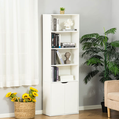 HOMCOM 6-Tier Tall Bookcase, Bookshelf with 4 Open Shelves and Double Door Storage Cabinet, Freestanding Display Rack for Living Room, Bedroom, Home Office, Study, 59 x 29 x 180cm, White 