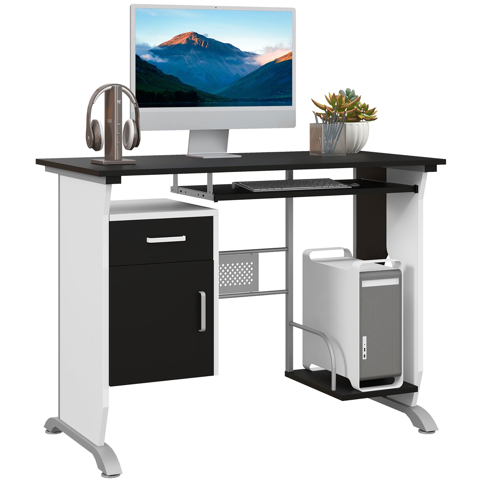 HOMCOM Computer Desk with Sliding Keyboard Tray, Storage Drawers and Host Box Shelf, Home Office Desk, Study Workstation, 100 x 52 x 75cm, Black 