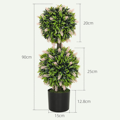 HOMCOM Set of 2 Decorative Artificial Plants Ball Trees with Lavender Flowers in Pot Fake Plants for Home Indoor Outdoor Decor, 70cm, Pink 