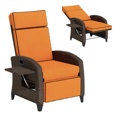 Outsunny Garden Recliner with Cushion, Outdoor Recliner Chair with Adjustable Backrest & Footrest, Side Tray, Orange 