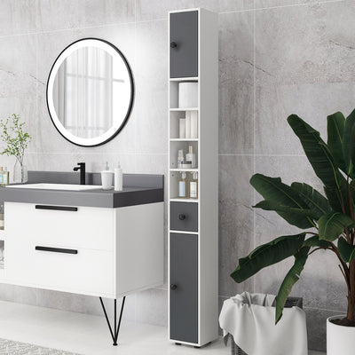 kleankin 180cm Slim Bathroom Cabinet, with Drawer, Shelves and Cupboards - Grey 