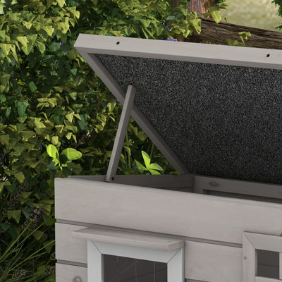 PawHut Wooden Outdoor Cat House, Elevated Cat Shelter Kennel, Pet Play House with Openable Top, Asphalt Roof, Window, Grey 