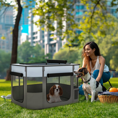 PawHut Foldable Dog Pen with Storage Bag for Indoor/Outdoor Use, Portable Pet playpen, with Ground Stakes - Grey 