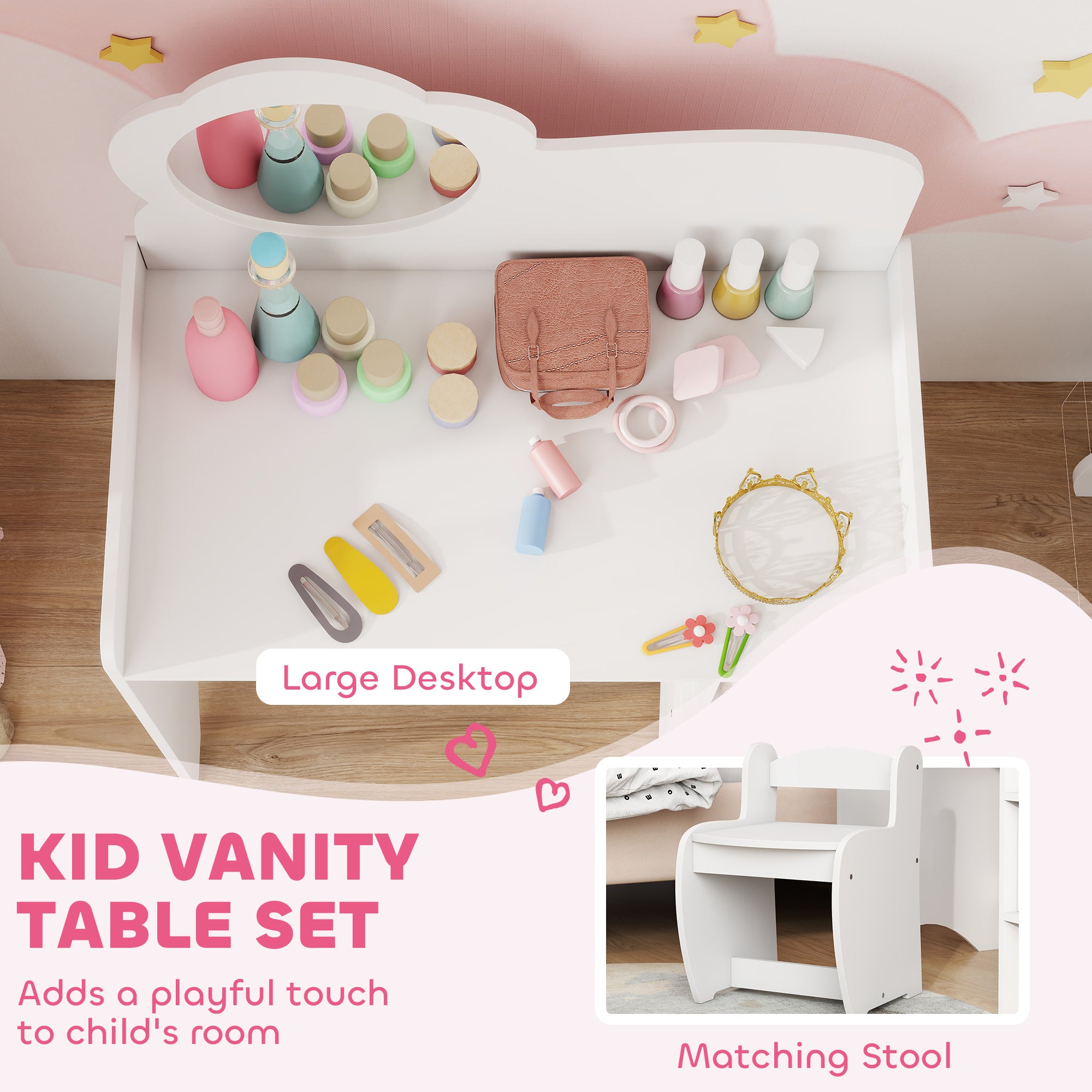 AIYAPLAY Kids Dressing Table with Mirror, Stool, Kids Vanity Table with Shelves, for Ages 3-8 Years, White 