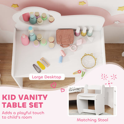 AIYAPLAY Kids Dressing Table with Mirror, Stool, Kids Vanity Table with Shelves, for Ages 3-8 Years, White 