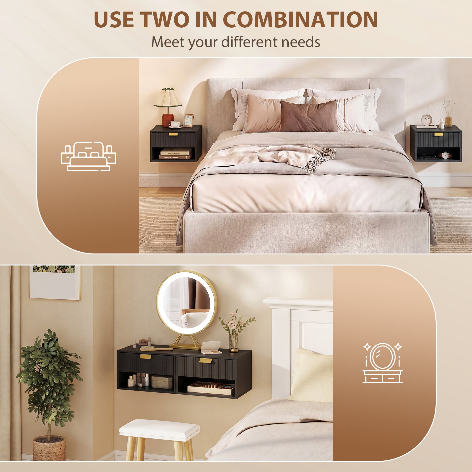 HOMCOM Set of 2 Wall Mounted Nightstands, Floating Bedside Tables with Fluted Drawer and Open Shelf for Small Bedroom, Black 