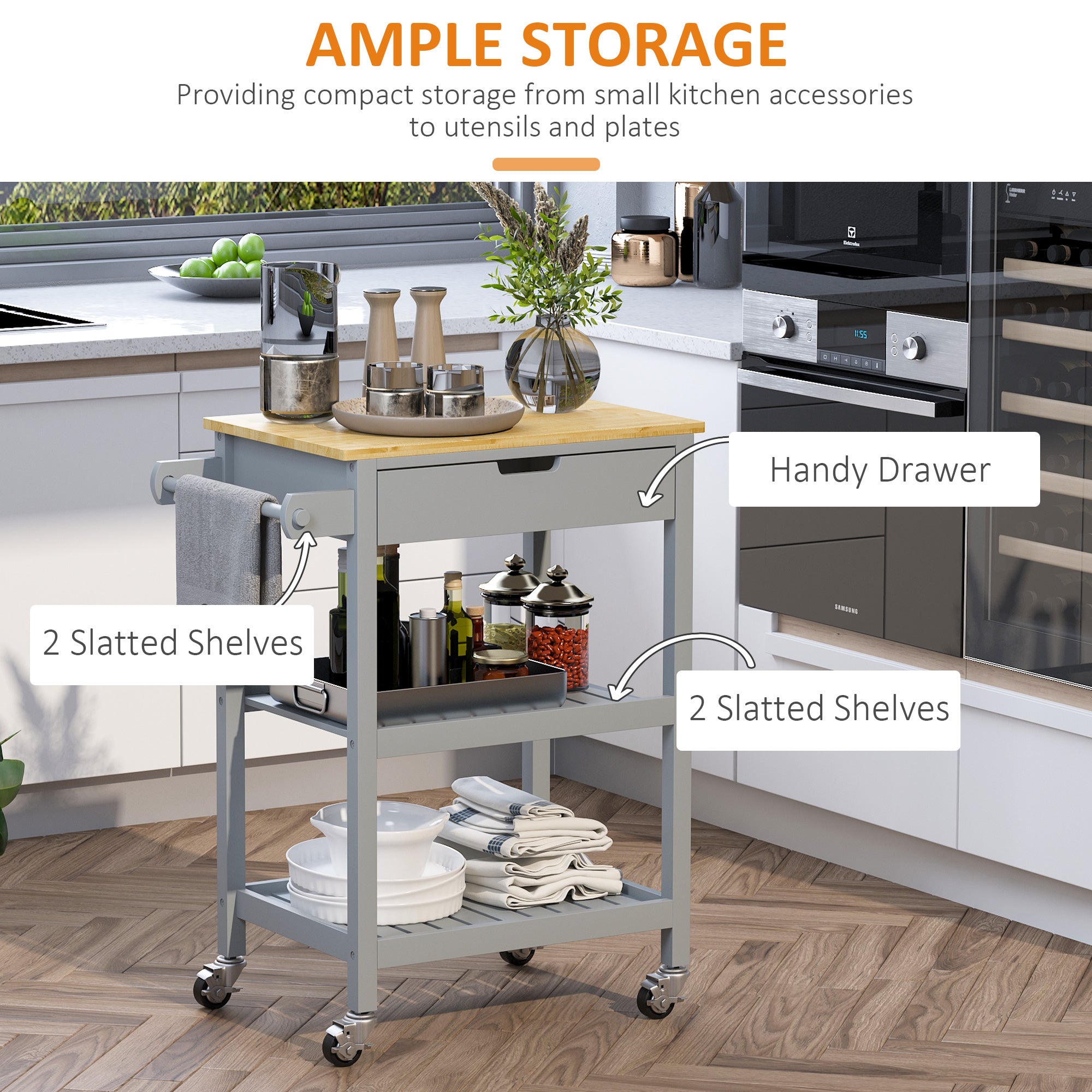 HOMCOM Kitchen Trolley Utility Cart on Wheels with Rubberwood Worktop, Towel Rack, Storage Shelves & Drawer for Dining Room, Grey 
