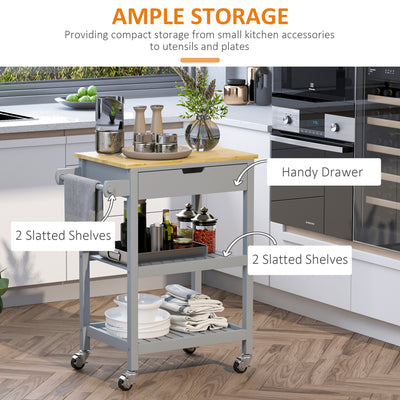 HOMCOM Kitchen Trolley Utility Cart on Wheels with Rubberwood Worktop, Towel Rack, Storage Shelves & Drawer for Dining Room, Grey 
