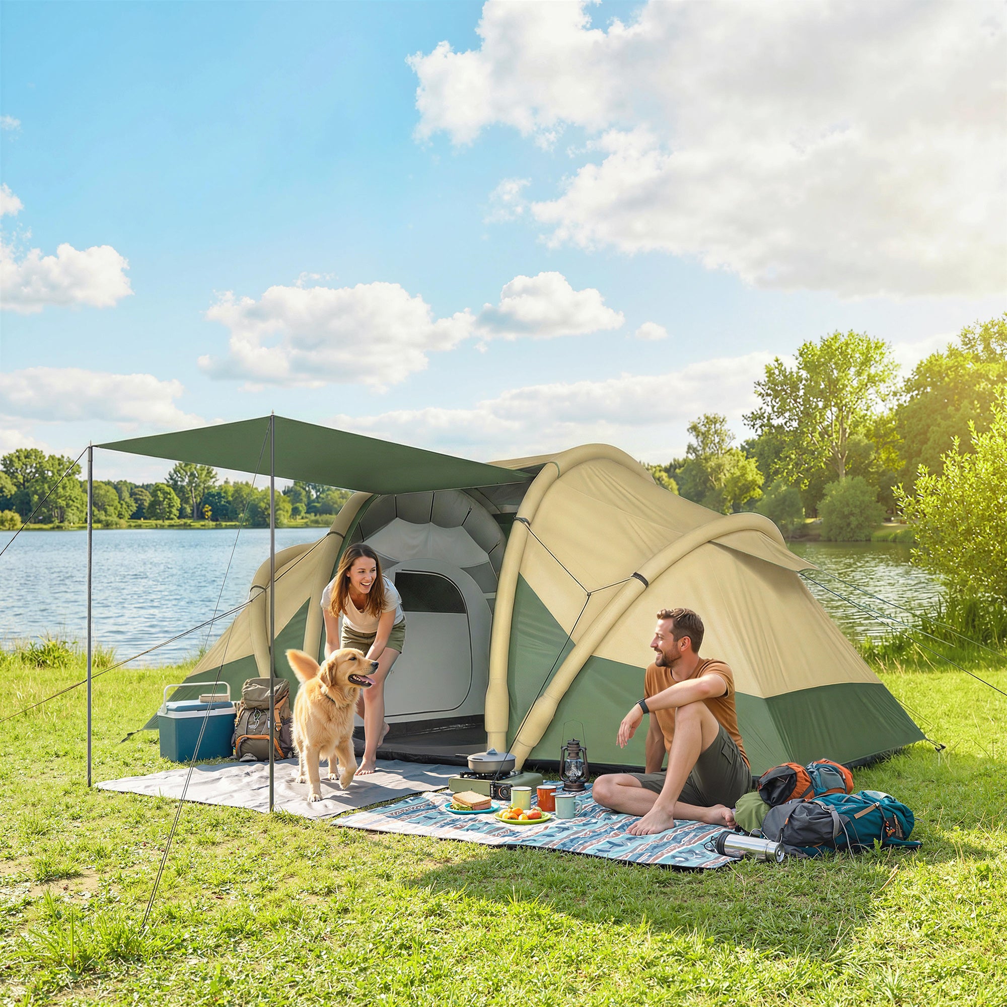 Outsunny Inflatable Tent 2 Bedroom 3000mm Waterproof Windproof Air Tent with Carry Bag for 4 Person 