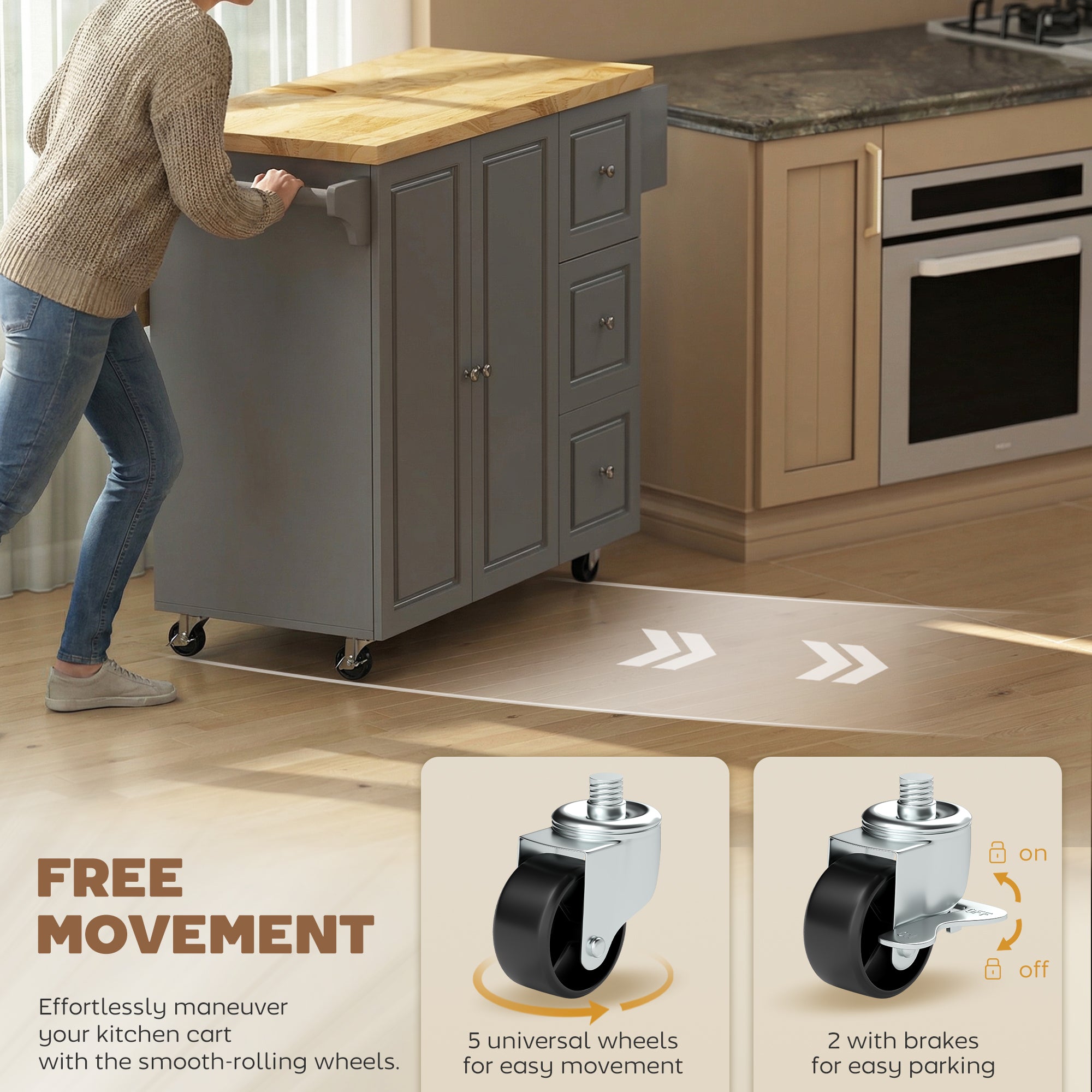 HOMCOM Kitchen Island on Wheels, Rolling Kitchen Storage Trolley with Drop Leaf, Drawers, Towel and Spice Rack, Grey 