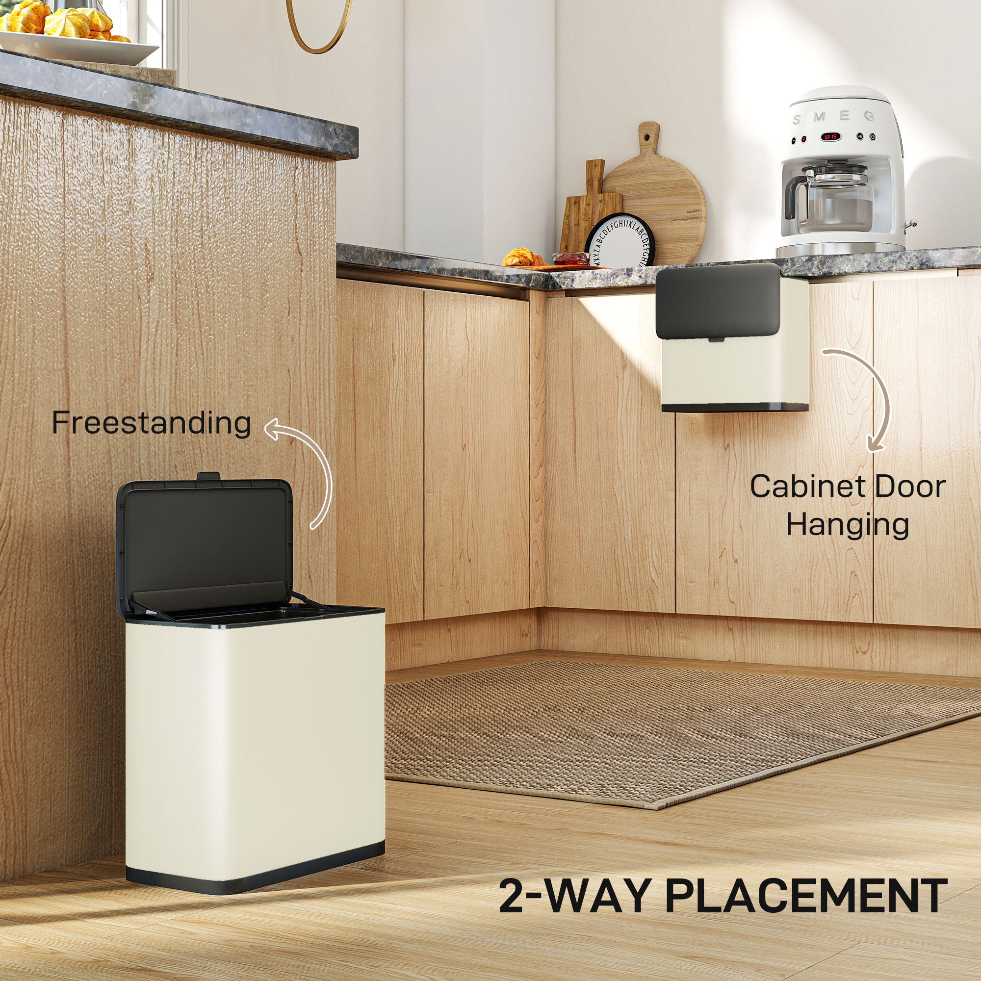 HOMCOM 8L Hanging Kitchen Bin, Rubbish bin with Lid and Removable Inner Bucket for Kitchen Cabinet Door, Under Sink, Office 
