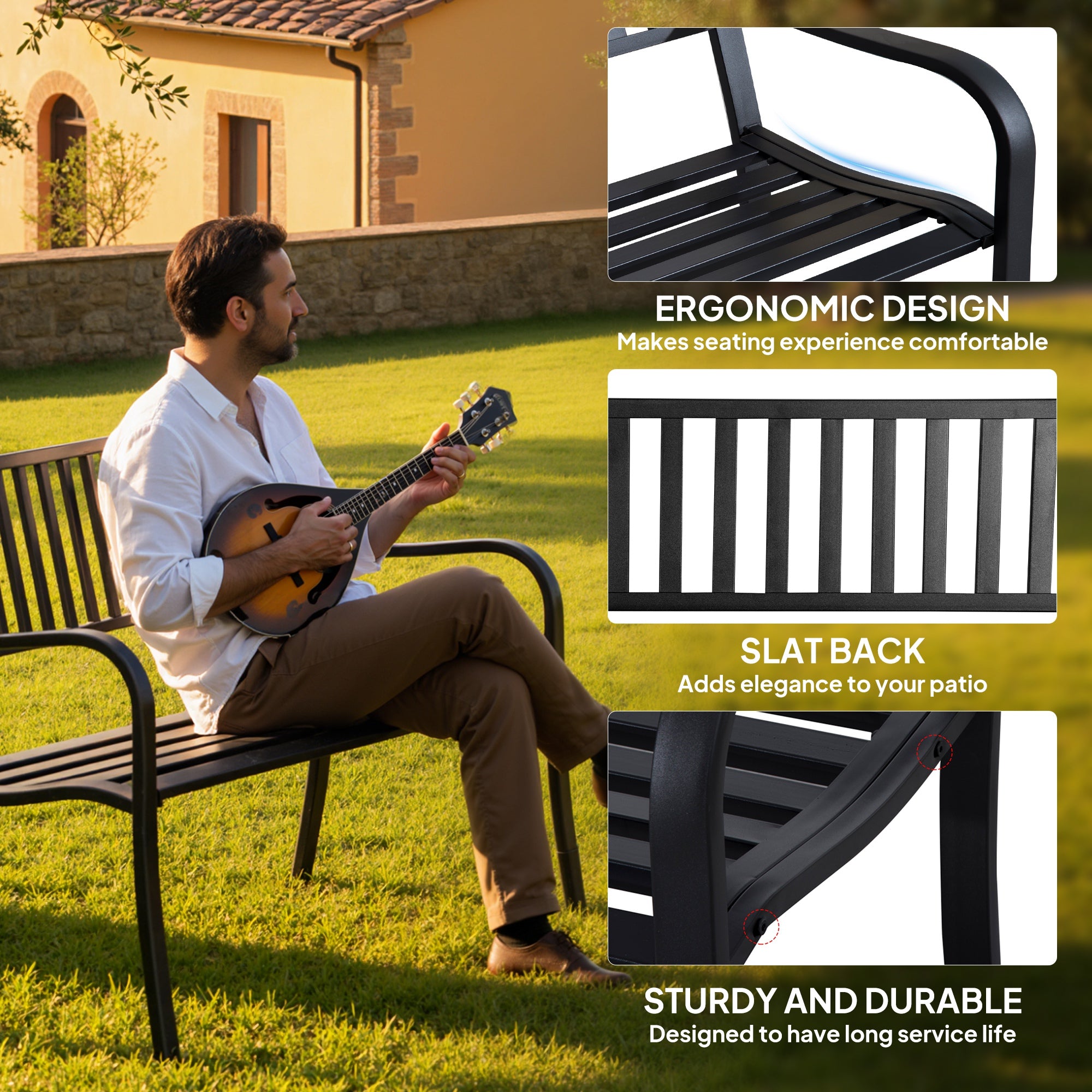 Outsunny Metal Garden Bench Loveseat with Slatted Seat, Black 