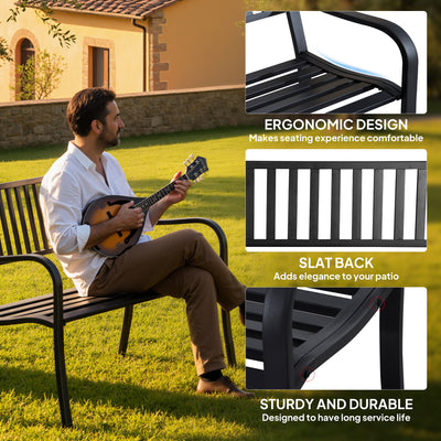 Outsunny Metal Garden Bench Loveseat with Slatted Seat, Black 