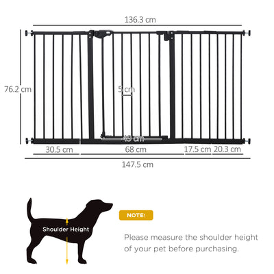 PawHut Dog Gate Stair Gate Pressure Fit Pets Barrier Auto Close for Doorway Hallway, 74-148cm Wide Adjustable, Black 