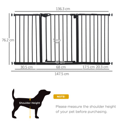 PawHut Dog Gate Stair Gate Pressure Fit Pets Barrier Auto Close for Doorway Hallway, 74-148cm Wide Adjustable, Black 