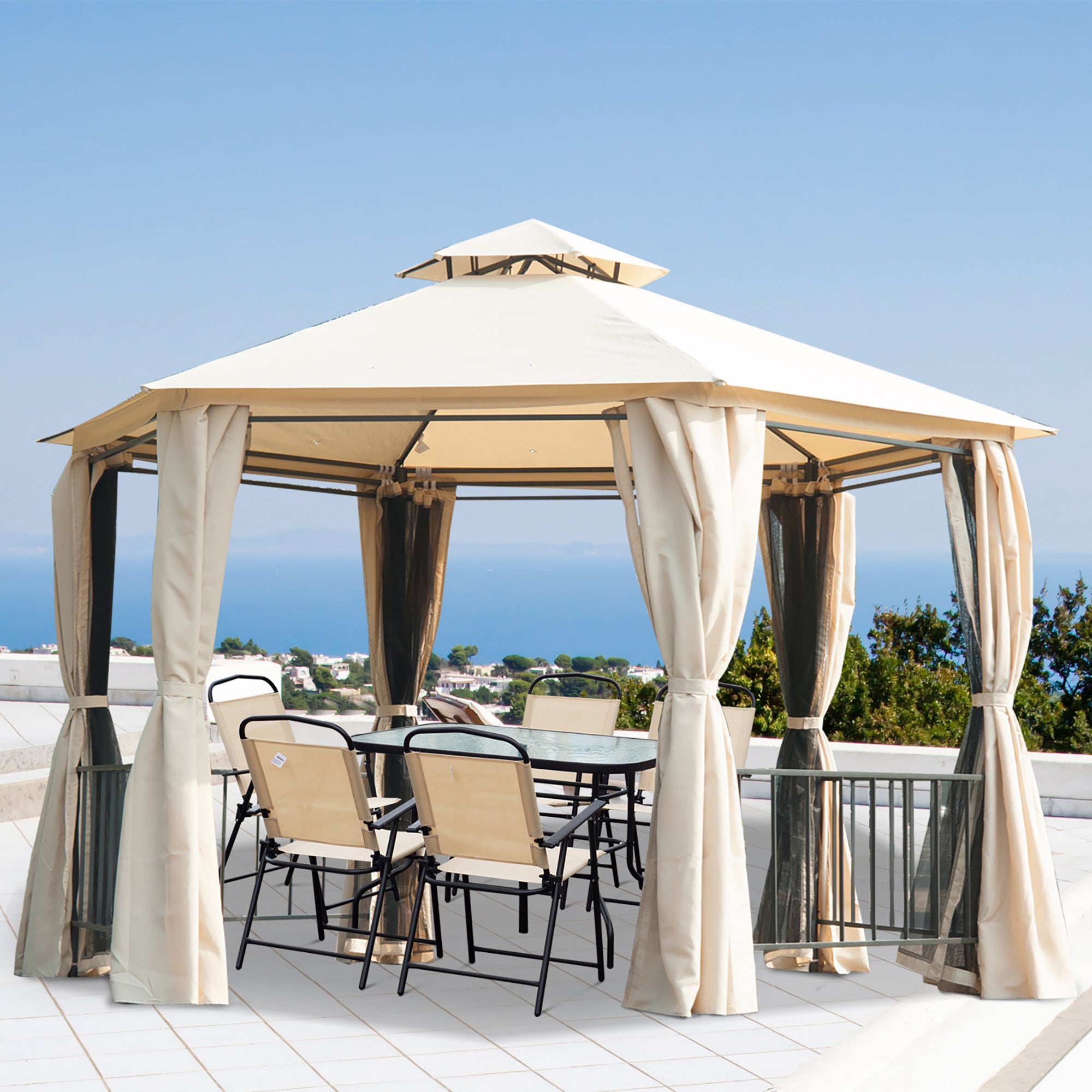 Outsunny 3 x 3(m) Hexagon Gazebo Patio Canopy Party Tent Outdoor Garden Shelter w/ 2 Tier Roof & Side Panel - Beige 