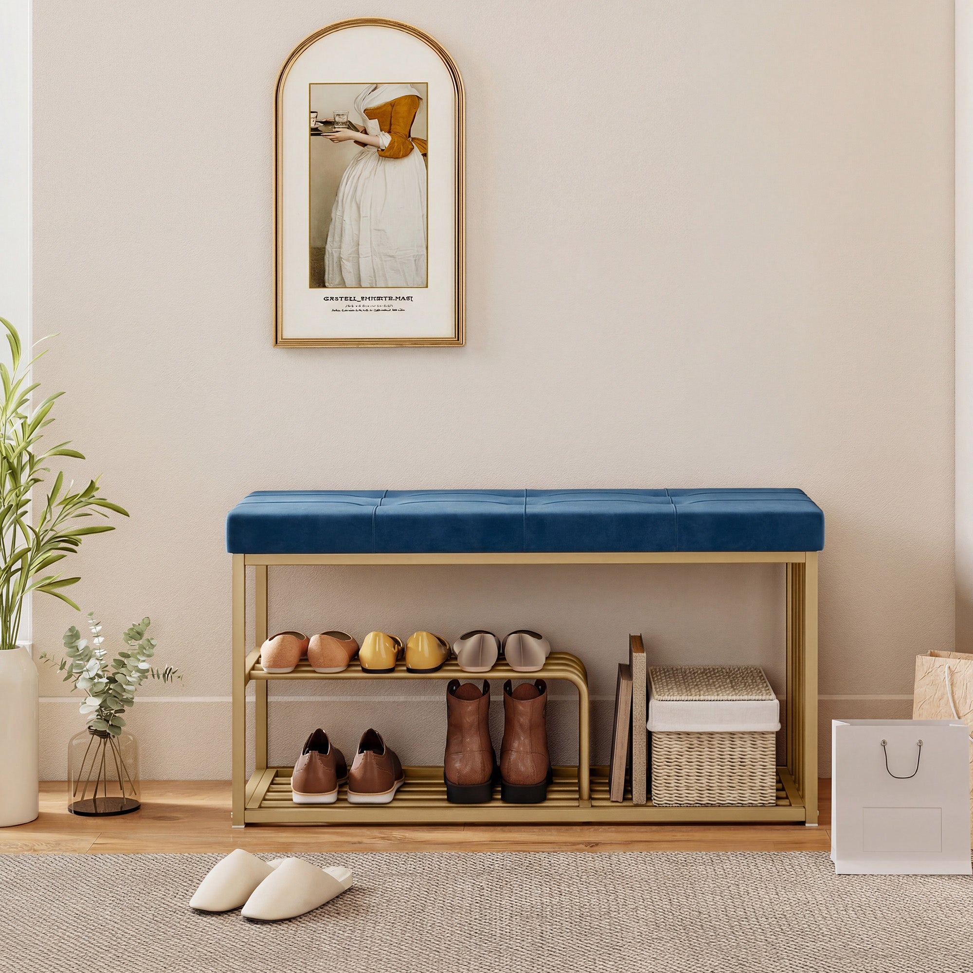 HOMCOM Bench and Shoe Storage, Tufted Shoe Storage Bench with Velvet Seat Cushion Gold Steel Frame for Entryway, Dark Blue 