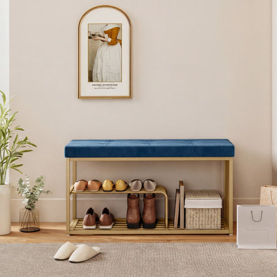 HOMCOM Bench and Shoe Storage, Tufted Shoe Storage Bench with Velvet Seat Cushion Gold Steel Frame for Entryway, Dark Blue 