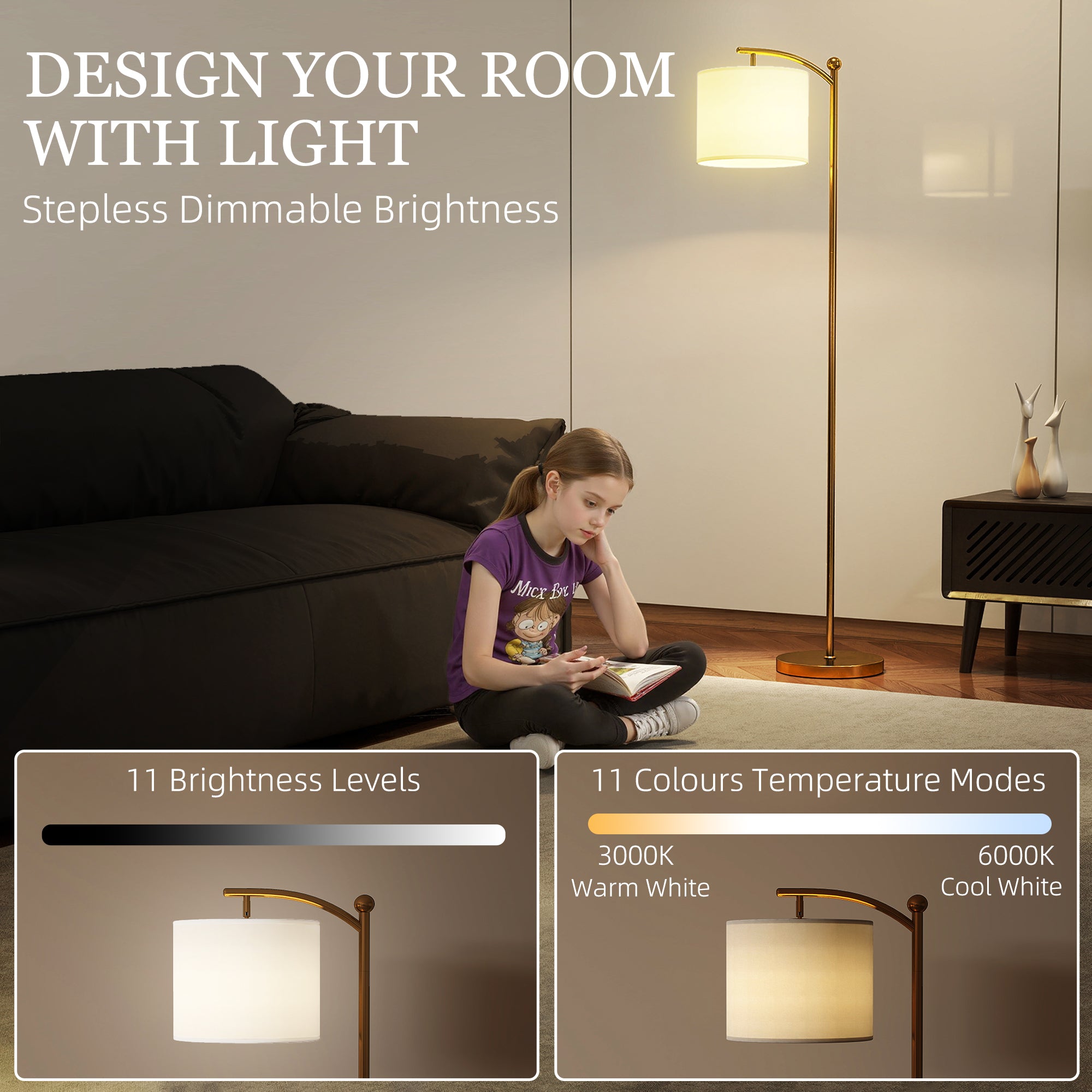 HOMCOM LED Floor Lamp with Remote Control - Gold Tone 