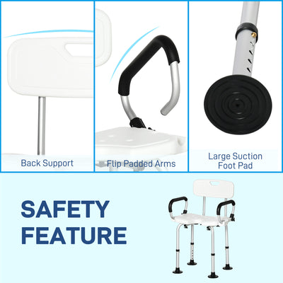 HOMCOM Shower Chair for the Elderly and Disabled, Height Adjustable Shower Stool with Back and Flipped Padded Arms, Suction Foot Pads, White 