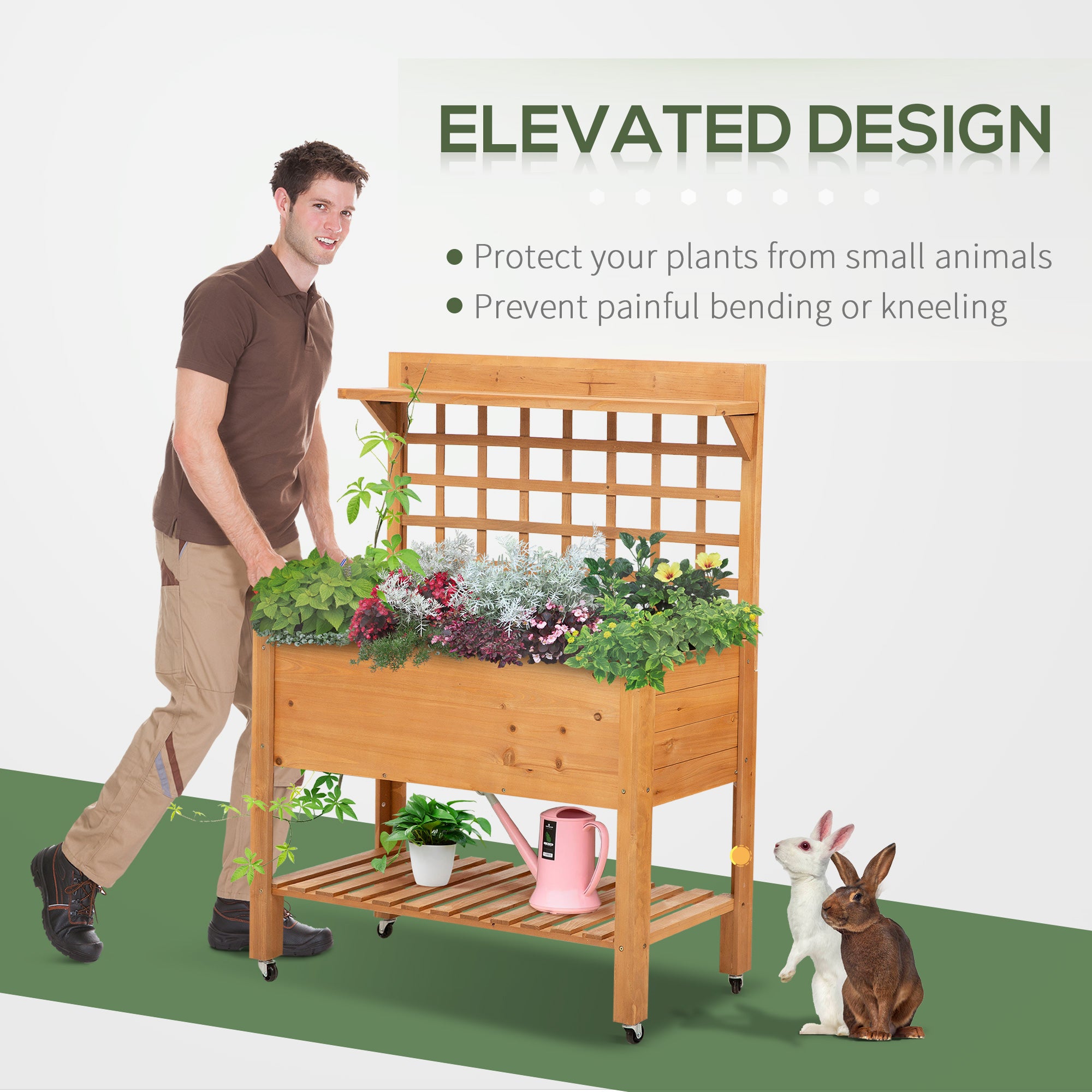 Outsunny Wooden Planter Raised Elevated Garden Bed with 2 Shelves for Vegetables Flowers 