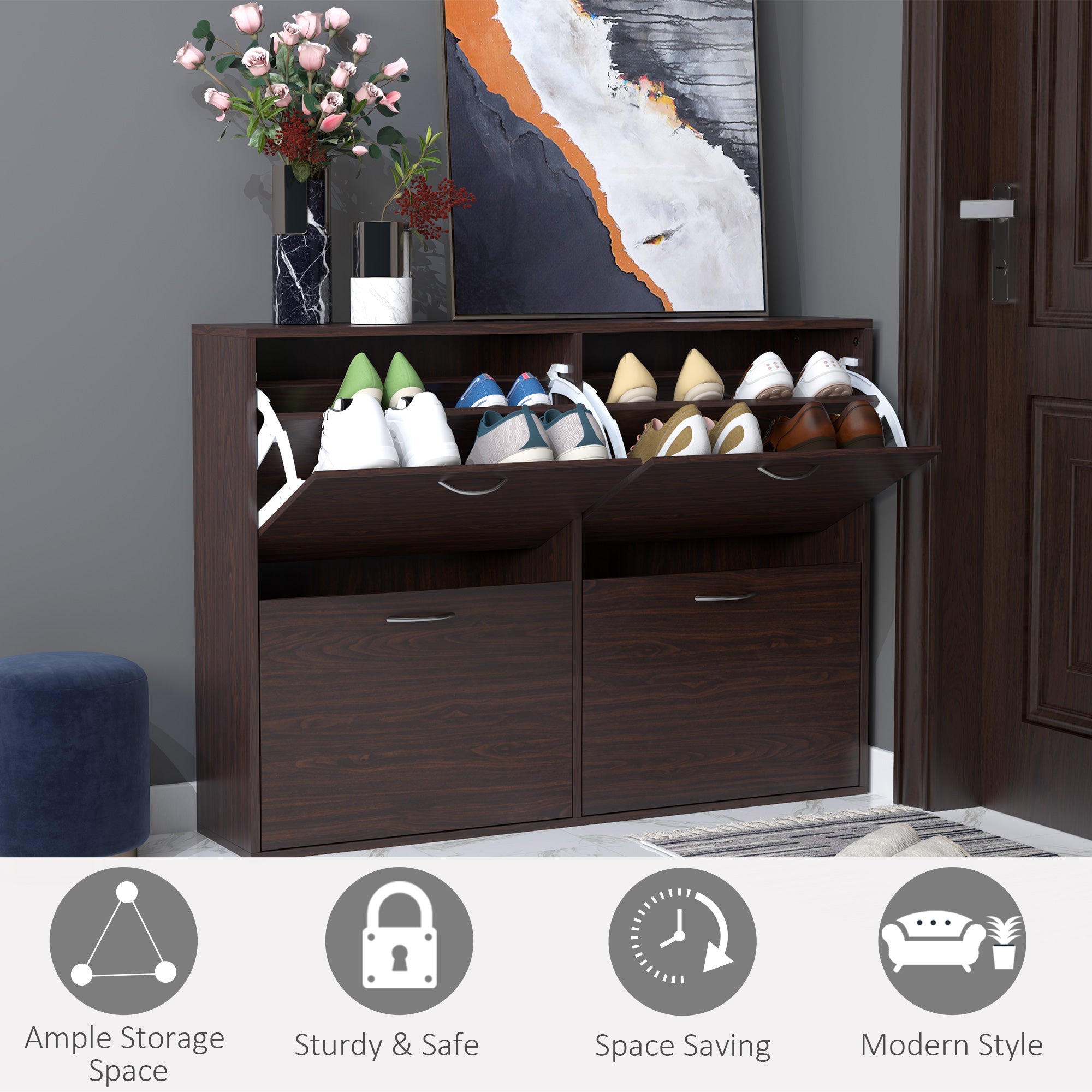 HOMCOM Wooden Modern Design 4 Drawer Shoes Cabinet Pull Down Shelf Storage Organiser Entrance Hallway Furniture - Dark Brown 