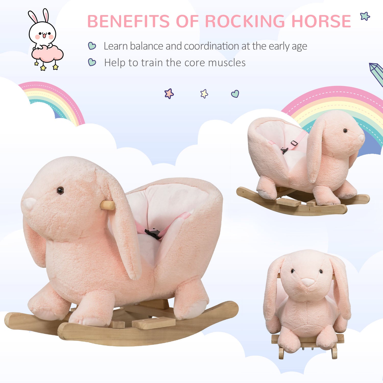 HOMCOM Kids Children Rocking Horse Plush Ride On Rabbit Seat w/ Sound Wood Base Seat Safety Belt Toddler Baby Toy Rocker Pink 18 - 36 Months 