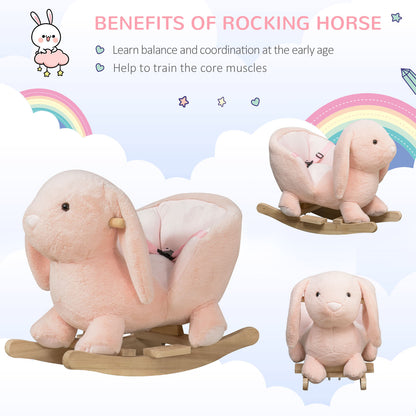 HOMCOM Kids Children Rocking Horse Plush Ride On Rabbit Seat w/ Sound Wood Base Seat Safety Belt Toddler Baby Toy Rocker Pink 18 - 36 Months 