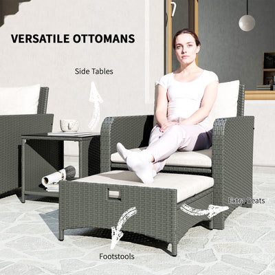 Outsunny Five Piece Rattan Garden Furniture Set with 2-Tier Coffee Table and Ottomans  - Cream White 