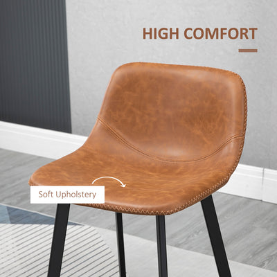 HOMCOM Bar Stools Set of 2, Industrial Kitchen Stool, Upholstered Bar Chairs with Back, Steel Legs, Brown 